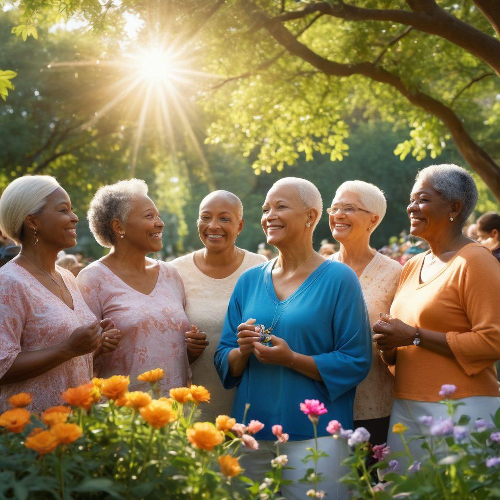 A powerful scene depicting a diverse group of cancer survivors sharing their stories in a warm, sunlit park. Each individual shows resilience and joy, symbolizing hope and strength, while holding small tokens representing their battles. Lush greenery and vibrant flowers surround them, creating an atmosphere of renewal and inspiration. The sky is a bright blue, casting a hopeful glow over the scene. vibrant colors. super-realistic.
