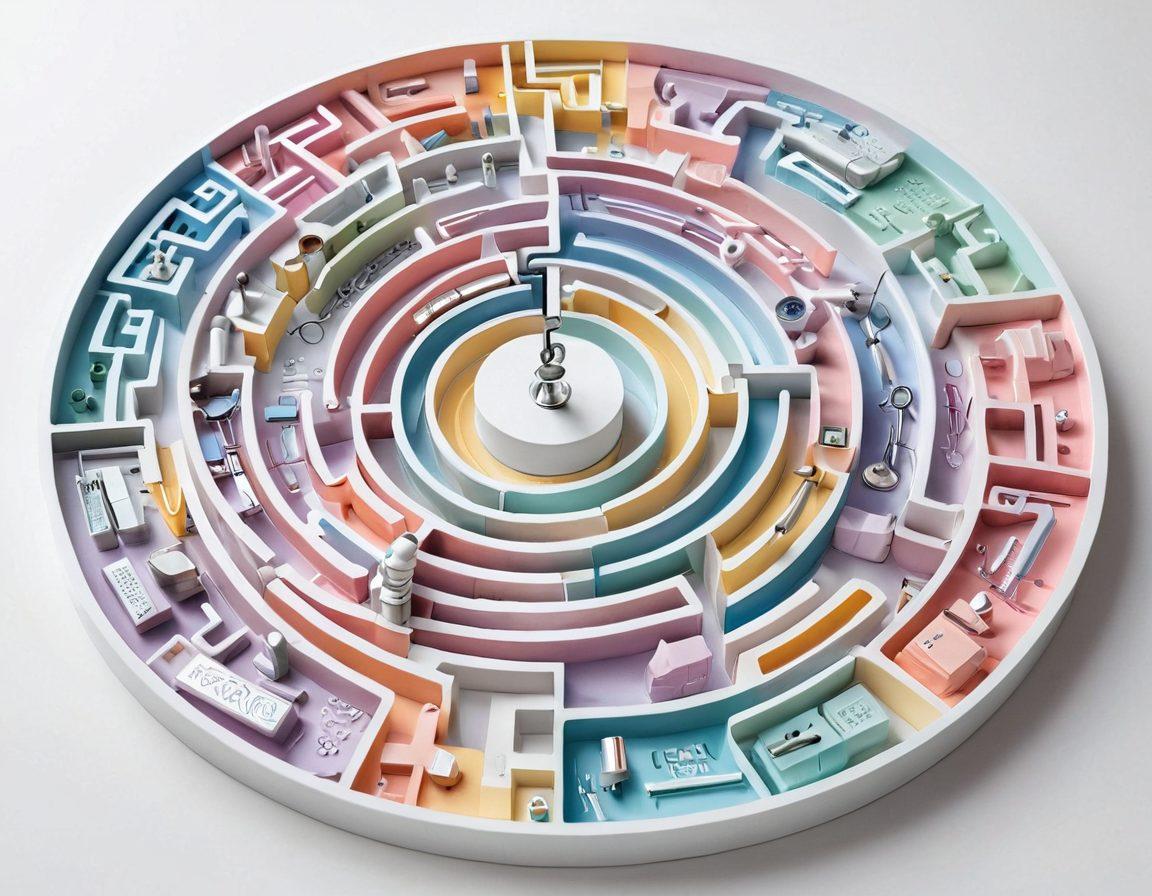 A winding and complex maze symbolizing the healthcare system, with various supportive resources like brochures, stethoscopes, and caring hands reaching out. Bright light illuminating the paths, showing a hopeful journey for patients and caregivers, with soft pastel colors for a calming effect. super-realistic. vibrant colors. white background.