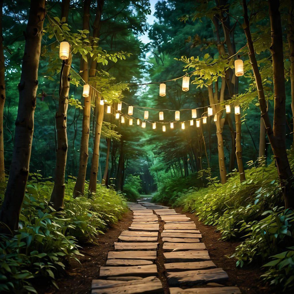 A serene pathway through a lush green forest symbolizing hope and healing, with glowing floating lanterns representing survivor stories. Subtle silhouettes of diverse, joyful cancer survivors sharing wellness tips appear along the path, radiating positivity. The atmosphere is tranquil yet uplifting, conveying empowerment and community support. super-realistic. vibrant colors. soft focus.